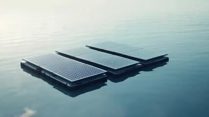 Poster - Three solar panels float on the surface of calm water, ideal for renewable energy or educational purposes