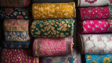 Aufkleber - A stack of vibrant textiles, perfect for decorating or design inspiration