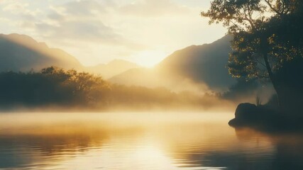 Poster - A serene landscape with the sun setting behind the mountains reflected in the calm lake water