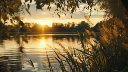 Poster - A serene scene with the sun setting behind calm waters, perfect for use in travel or nature-inspired designs