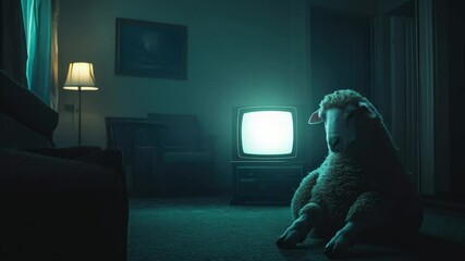 Poster - A sheep sits in front of a television set in a dark room, focused on the screen