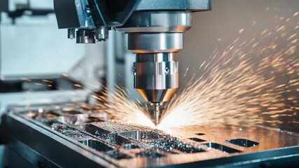 Poster - Machine cutting metal with sparks, industrial process