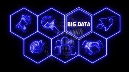 Glowing neon sign Big Data concept button on a futuristic computer screen display with hexagon shapes and sciencetic symbols on rotating world map icon. technology network background