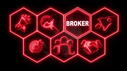 Neon line Mortgage Broker concept button on a futuristic computer screen display with hexagon shapes and sciencetic symbols on rotating world map icon. technology network background. 