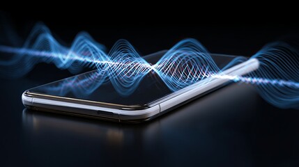 Poster - Abstract Blue Sound Waves Digital Mobile Phone Technology Modern Background Design Illustration Futuristic Network Connection Wireless Communication Digital Art Graphic Image High 