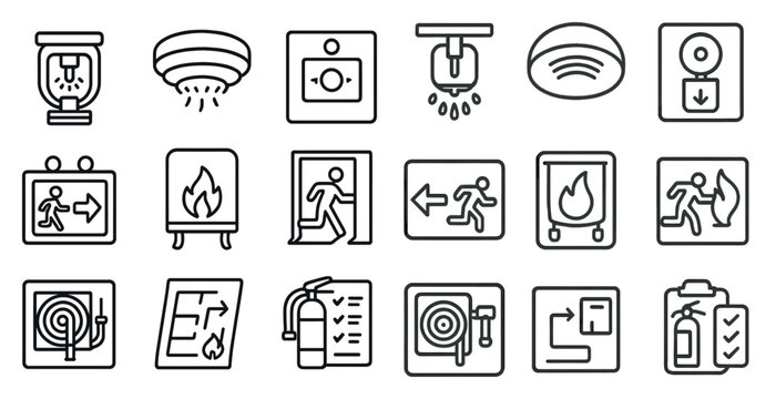 Series of icons for fire safety and emergency exits. The icons include a fire extinguisher, a fire hydrant, a fire alarm, and a fire escape ladder
