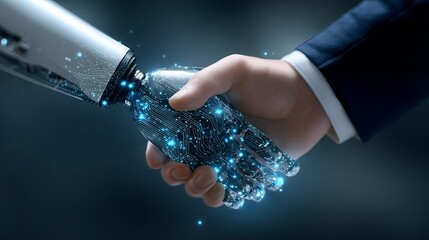 Aufkleber - Human Handshake with Futuristic Robot Hand Digital Technology Artificial Intelligence Advanced Robotics Modern Business Partnership Innovation Future Collaboration Network         