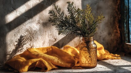 Poster - Sunlight Streams Through Window onto Wall, Casting Shadow of Evergreen Branch in Glass Jar Next to Yellow Cloth