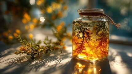 Poster - Sunlight Streams Through Window onto Wall, Casting Shadow of Evergreen Branch in Glass Jar Next to Yellow Cloth