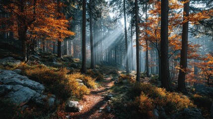 Fototapete - Sunlight filters through tall trees and autumn foliage along a rocky trail in the bavarian forest national park during the day