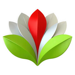 Leinwandbilder - Abstract 3d rendered flower petal design with red center and green leaves isolated on transparent background