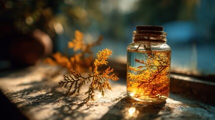 Poster - Sunlight Streams Through Window onto Wall, Casting Shadow of Evergreen Branch in Glass Jar Next to Yellow Cloth