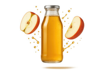 Poster - Apple juice bottle, fresh slices, splashes, isolated on transparent background.