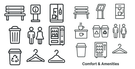 Aufkleber - Collection of icons for a hotel or motel. The icons include a trash can, a vending machine, a bench, a coffee maker, a refrigerator, a sign, a person, and a woman