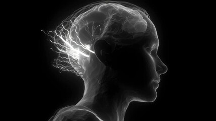 Poster - Intricate neural network visualizing electrical impulses traveling through female brain's interconnected neurons and synapses. Revealing complex neurological processes against stark black background