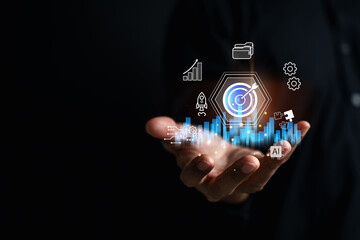 Aufkleber - Business strategy of target, goal, growth chart, AI, and data analytics. Perfect for marketing, planning, corporate success, and digital transformation.