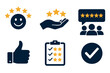 © Mostafizur - Icons for customer satisfaction, reviews, and feedback 5 star ratings, hand gestures, checklists, and group reviews graphics icon set