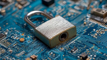 Poster - Padlock on Circuit Board Digital Security Technology Protection Privacy Internet Network Data Safety Secure Online Safeguard Confidential Information Cyber Protection System       