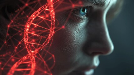 Poster - Skilled genetic engineering researcher examining rotating bright red dna helix, representing cutting edge medical research and genetic innovation in modern scientific laboratory