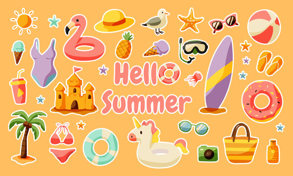 A colorful image of beach items and a pink flamingo hat with the words Hello Summer written below