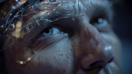 Poster - medical sensors scanning patient's brain during virtual reality experience, neurons connecting as co
