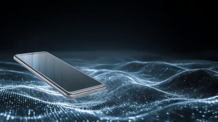 Aufkleber - Modern Smartphone on Abstract Blue Digital Wave Background Technology Concept Futuristic Mobile Device Elegant Design Innovation Digital World Network Connection Wireless          