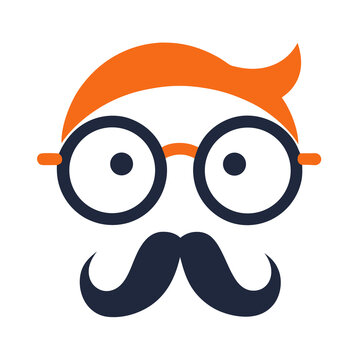 Eyeglasses and big mustache dad logo icon. Father’s Day symbol vector illustration on white background. Classic dad element concept.
