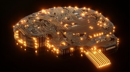 Poster - Abstract Golden Brain Circuit Board Technology Digital Art High Tech Innovation Electronic Futuristic Design Neural Network Artificial Intelligence Modern Background Golden Lines  