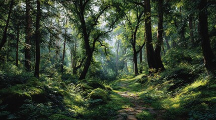 Fototapete - Sunlight streams through tall redwood trees on a hiking trail in a northern california national forest during the day