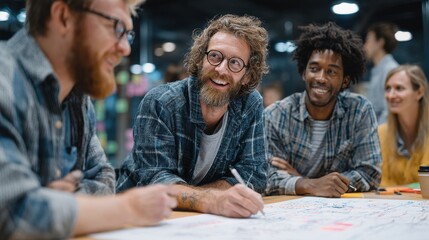 Poster - Smiling man at collaborative meeting in an office environment with diverse coworkers around table, writing down notes in a modern space with sticky notes