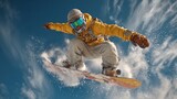 Extreme snowboarding adventure at Copper Mountain Colorado on a sunny day with a high-speed jump creating a spray of snow on mountain slope