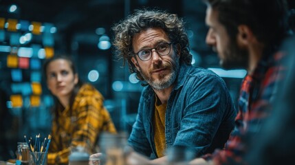 Poster - Man with glasses and curly hair talks during a late-night meeting with coworkers in a modern office brainstorming ideas and planning for a new innovative project