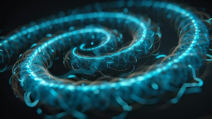 Poster - Luminescent blue particles spiraling dynamically, twirling along intricate trajectories against deep dark background, generating immersive technological visual narrative