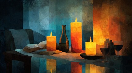 Poster - Elegant candles with botanical elements arranged in a warm, decorative display for home decor or peaceful meditation ambiance