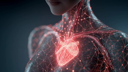 Poster - polygonal mesh anatomical visualization revealing female chest with pulsing red heart, displaying in