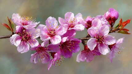 Poster - Close-up of prunus serrulata flowers in full bloom on a branch, showcasing pink petals and yellow stamens during springtime