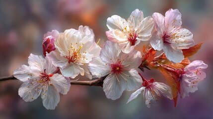 Poster - Close-up of prunus serrulata flowers in full bloom on a branch, showcasing pink petals and yellow stamens during springtime