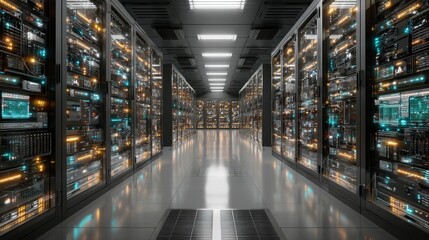 Poster - Long rows of servers and equipment reside within a data center in a climate controlled room at night
