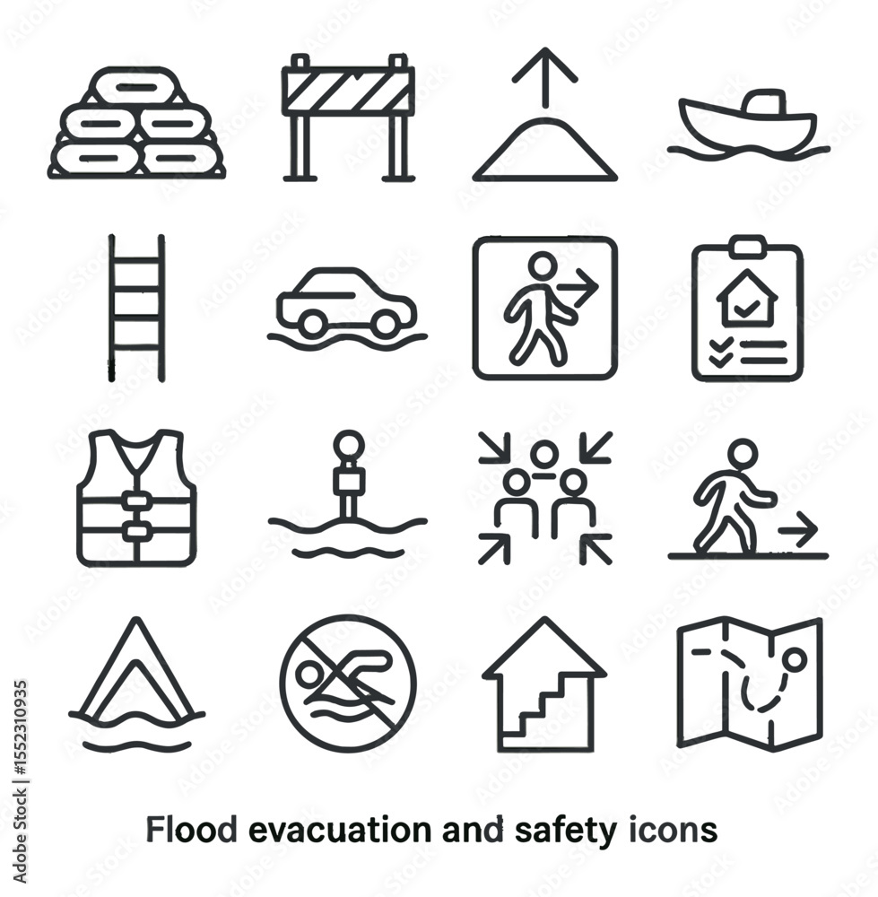 Flood evacuation and safety icons in minimalistic line art : sandbag ...