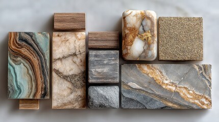 Aufkleber - Decorative wall panels featuring various stone textures with grey background showcasing interior design elements and rock formations