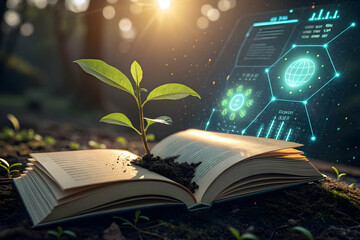 Poster - Young green plant with vibrant leaves growing on open book with futuristic digital projection display. Knowledge and nature integration.