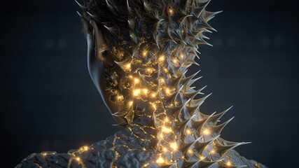 Poster - Golden thorns sprouting from cybernetic woman's back and neck, revealing transformative body modification with elegant, surreal anatomical design against dark luminescent background