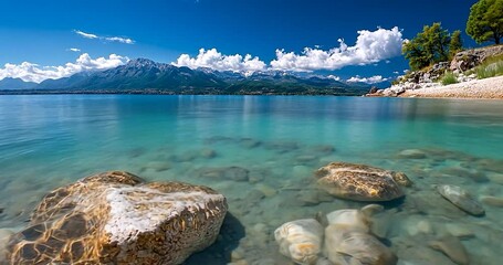 Wall Mural - crystal clear water revealing textured rocks at the shoreline mountain range at the horizon under a 