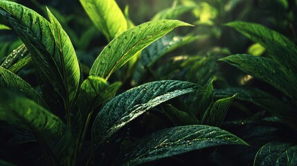 Poster - Lush green foliage glistening with dewdrops bathes in morning sunlight, a serene display of nature's beauty and vibrant life