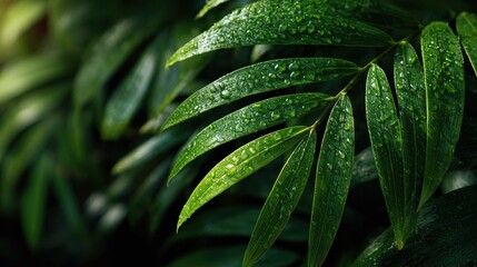Poster - Lush green foliage glistening with dewdrops bathes in morning sunlight, a serene display of nature's beauty and vibrant life