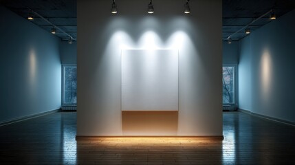 Poster - Empty modern Art Gallery Interior with blank Canvas on Wall, illuminated by spotlights, with wood floor and Windows