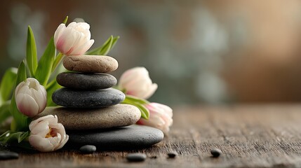 Poster - Stones balanced on a wooden surface with tulips around it symbolize harmony, peace, and meditation