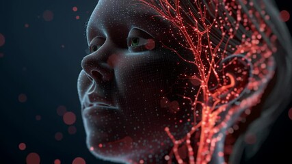 Poster - pulsating red neural network illuminating woman's facial anatomy, revealing intricate nerve connecti