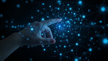 human touching digital nodes on dark background,