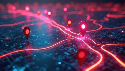 Poster - Futuristic digital city map glowing neon path with location markers. Modern tech illustration, global positioning system, journey concept, travel way. Digital world, cyberspace, network connection,